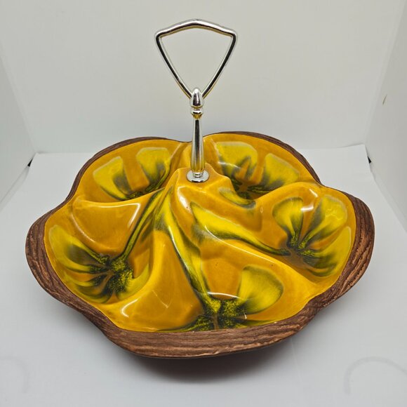 California Pottery Sequoia Ware Divided Serving Bowl, 608, Yellow, Wood Grain - Picture 2 of 7